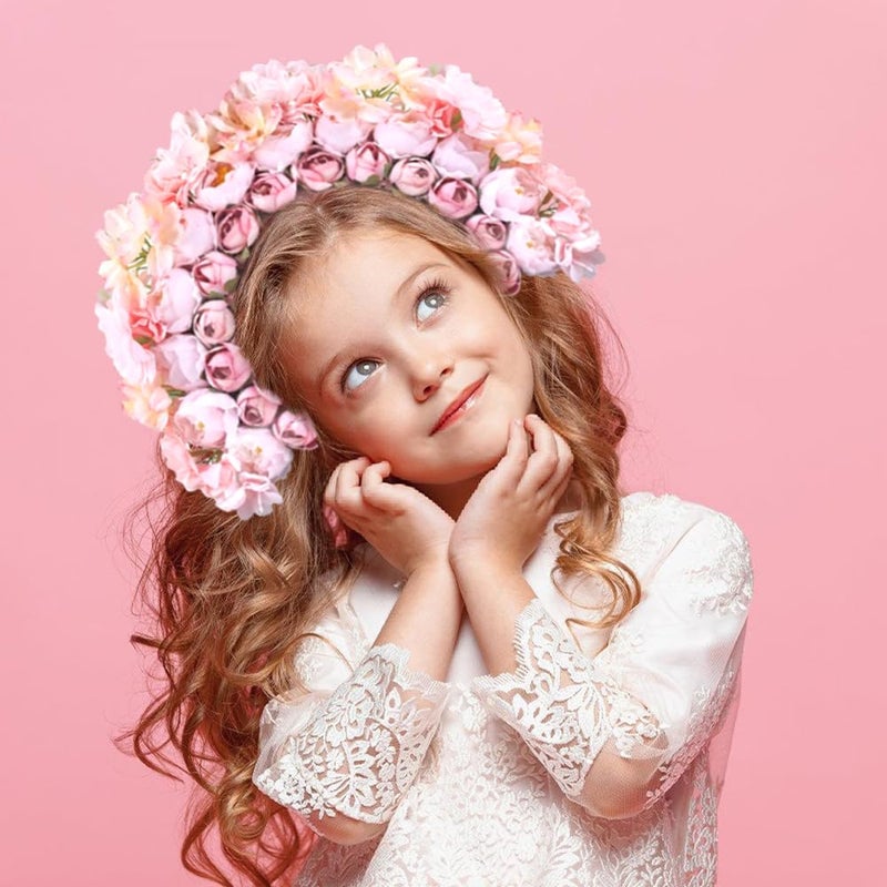 OULIGET Handmade Wreath Hairband,Flower Crown Hairband Double Sided Floral for Day of The Dead Cosplay Party Festivals (Pale pink, Small head circumference) - Image 3